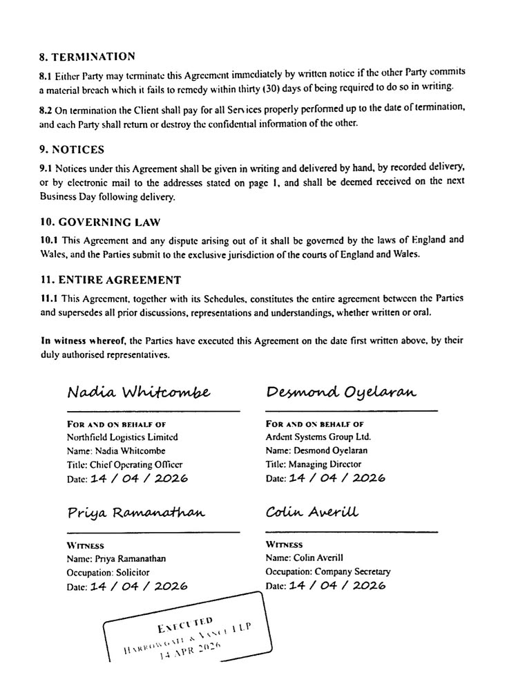 Le même contrat entier après Scan Cam : la page est droite, blanche, sans pli ni ombre, et le texte est net.