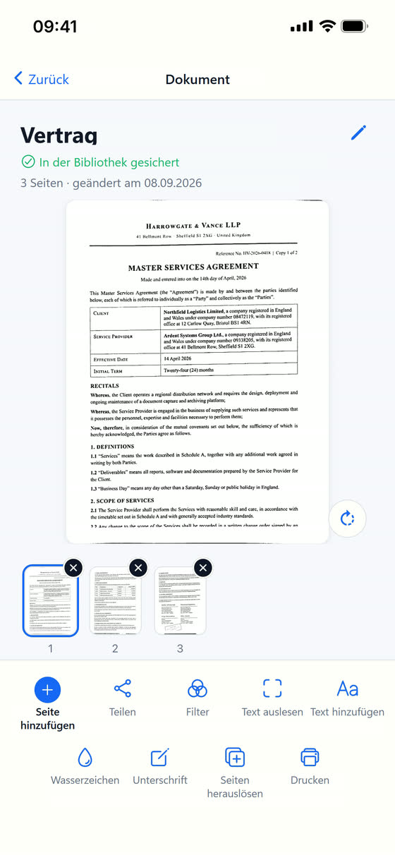 Ein Dokument in Scan Cam geöffnet: die Vorschau der Seite, die Miniaturen darunter und die Werkzeugreihe — teilen, Filter, Text auslesen, Wasserzeichen, Unterschrift, drucken.
