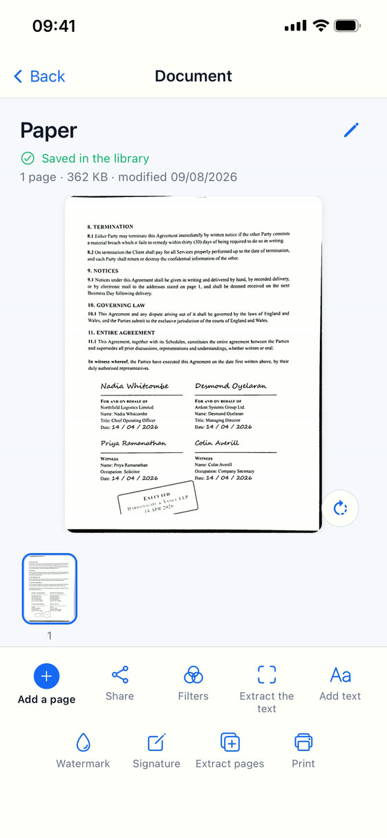 A document open in Scan Cam: the page preview, the page thumbnails below, and the row of tools — share, filters, extract text, watermark, signature, print.