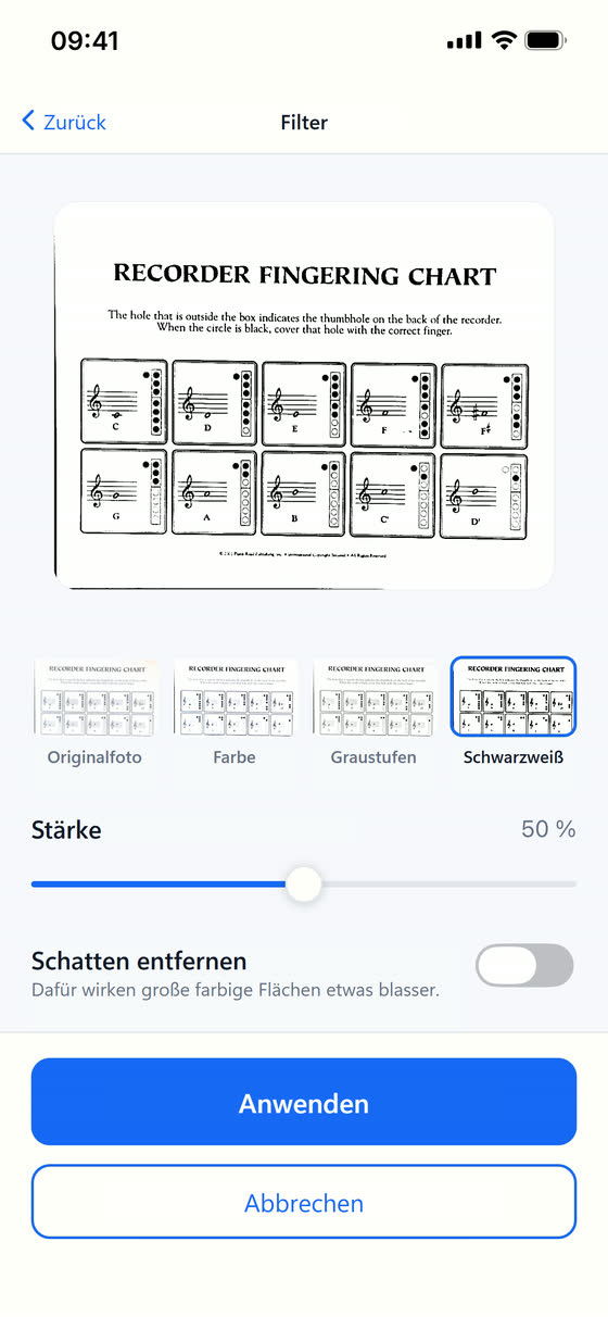 Der Filter-Bildschirm von Scan Cam: oben laufen die Seiten des Dokuments, darunter die vier Anmutungen, ein Regler für die Stärke und ein Schalter, um Schatten zu entfernen.