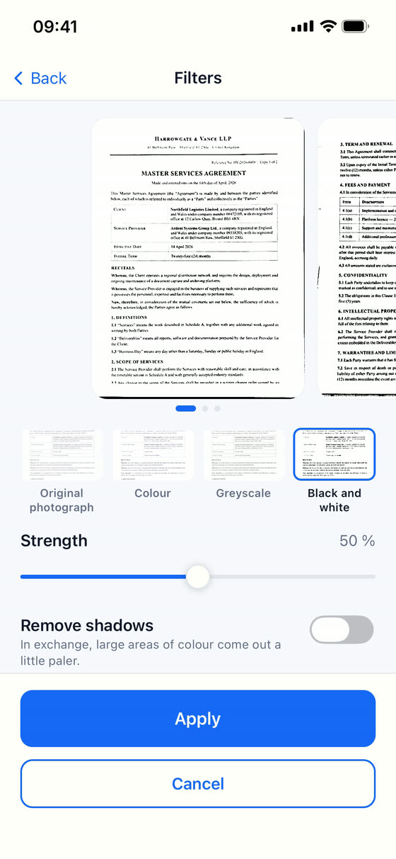 Scan Cam s filter screen: the document pages scroll along the top, the four renderings below, an intensity slider and a switch to remove shadows.