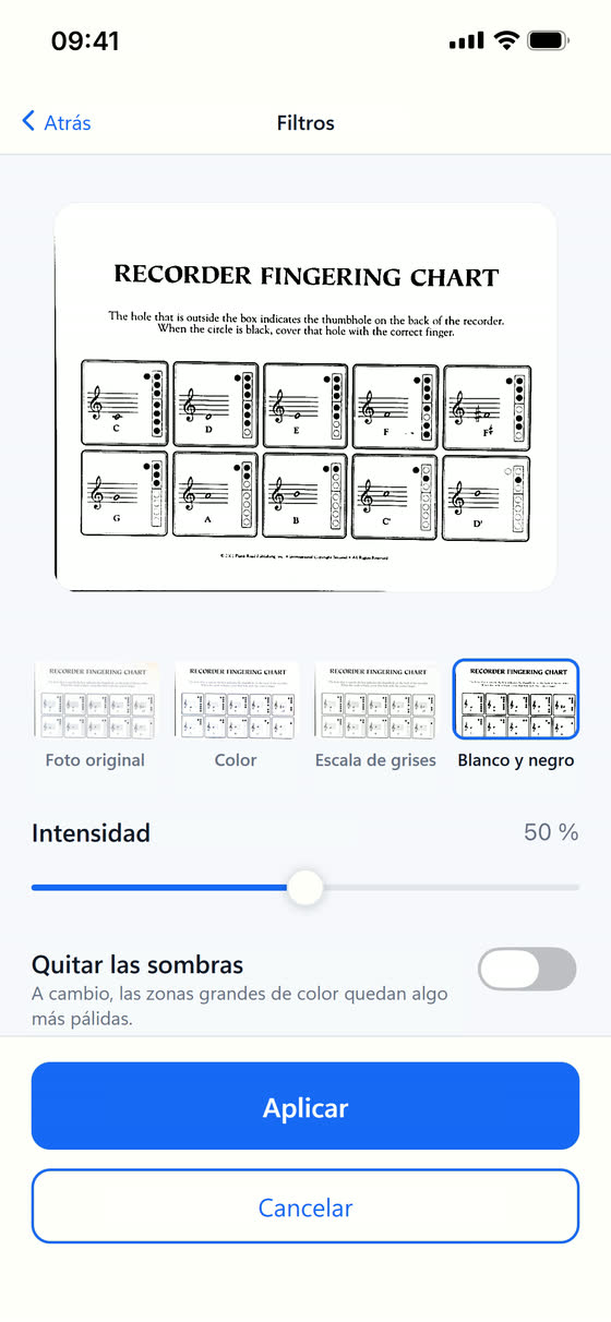 La pantalla de filtros de Scan Cam: las páginas del documento arriba, los cuatro acabados debajo, un control de intensidad y un interruptor para quitar las sombras.