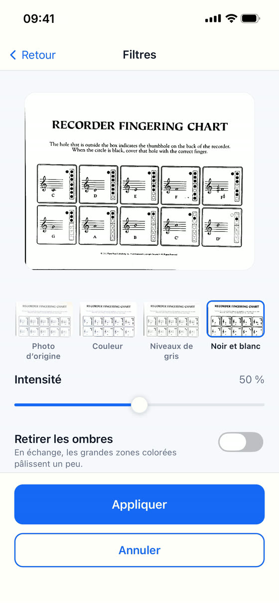 L écran des filtres de Scan Cam : les pages du document défilent en haut, les quatre rendus en dessous, un curseur d intensité et un interrupteur pour retirer les ombres.